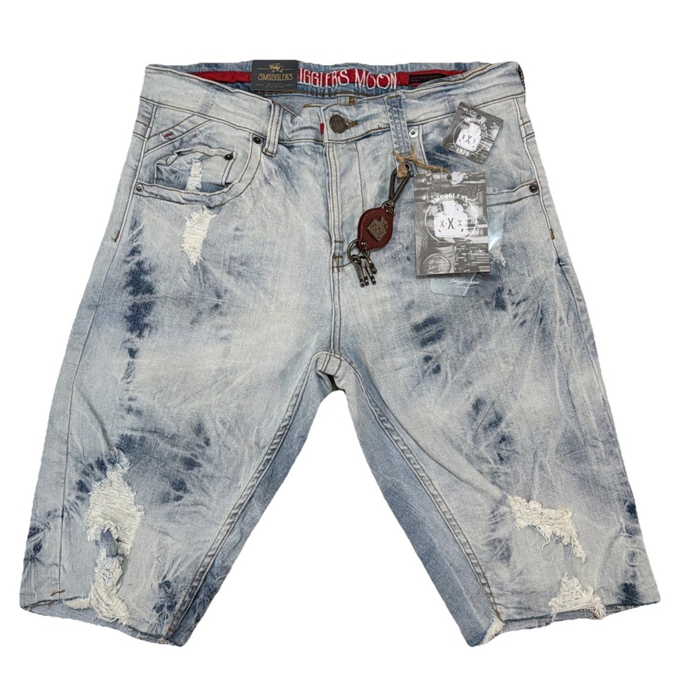 NWT Smugglers Moon Denim Shorts Men's Button Fly 34x12 Blue Distressed Outdoor